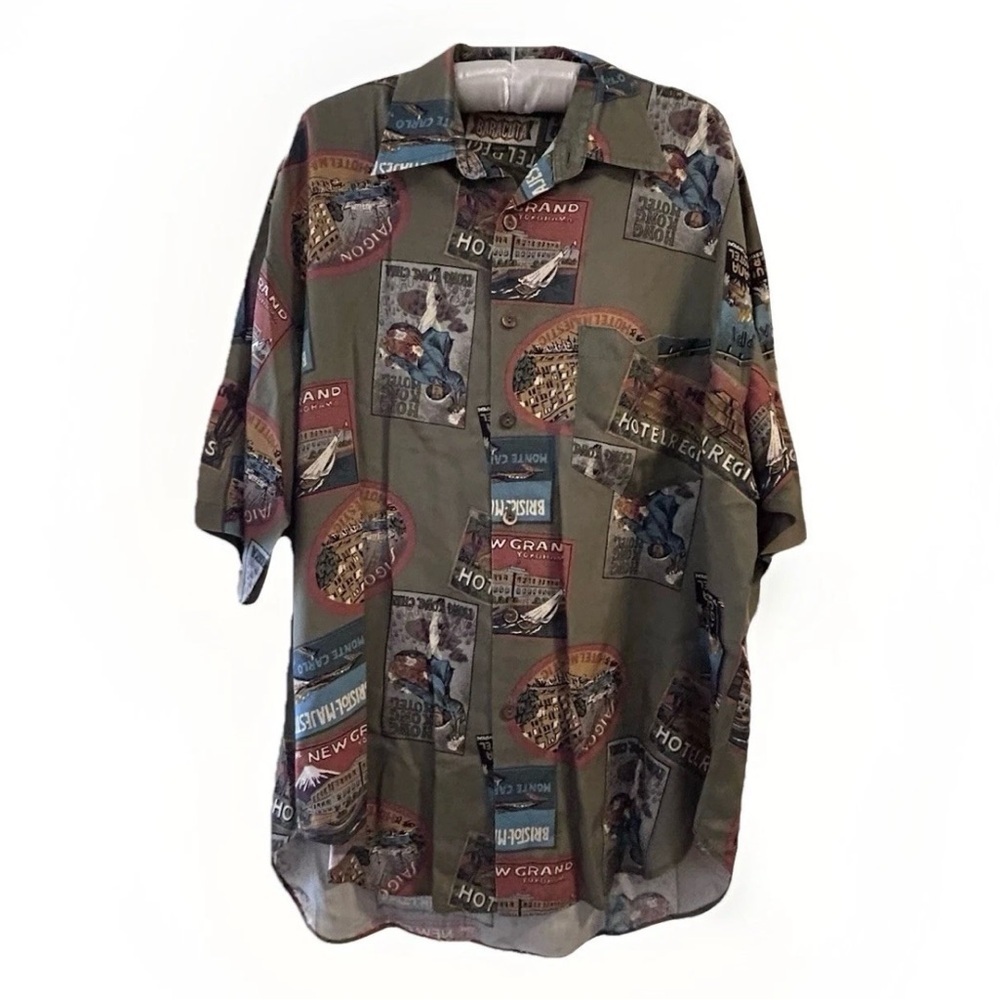 VTG 90s Baracuta Travel Theme Shirt Mens Scenic Sites Collage 100% Rayon Sz M